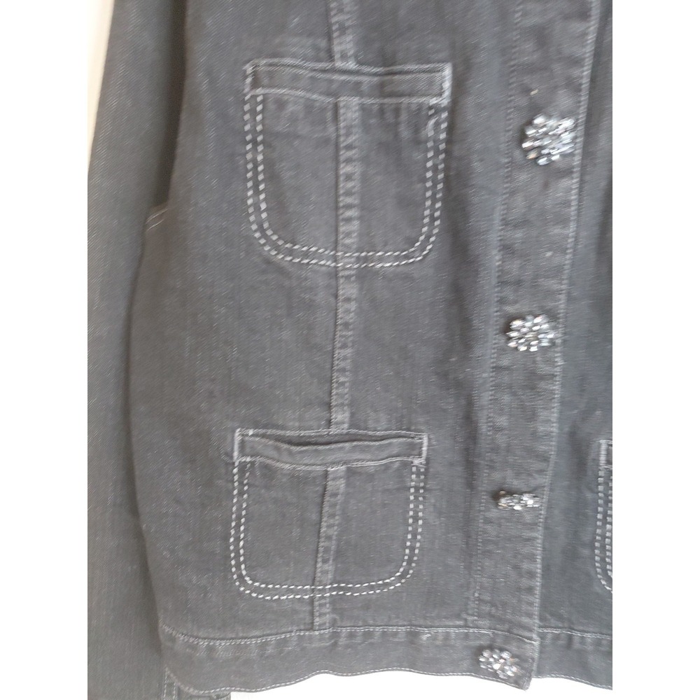 Chico's denim rhinestone flowered Jacket Sz 2 Black classic Boho Feminine Y2k - Picture 4 of 9
